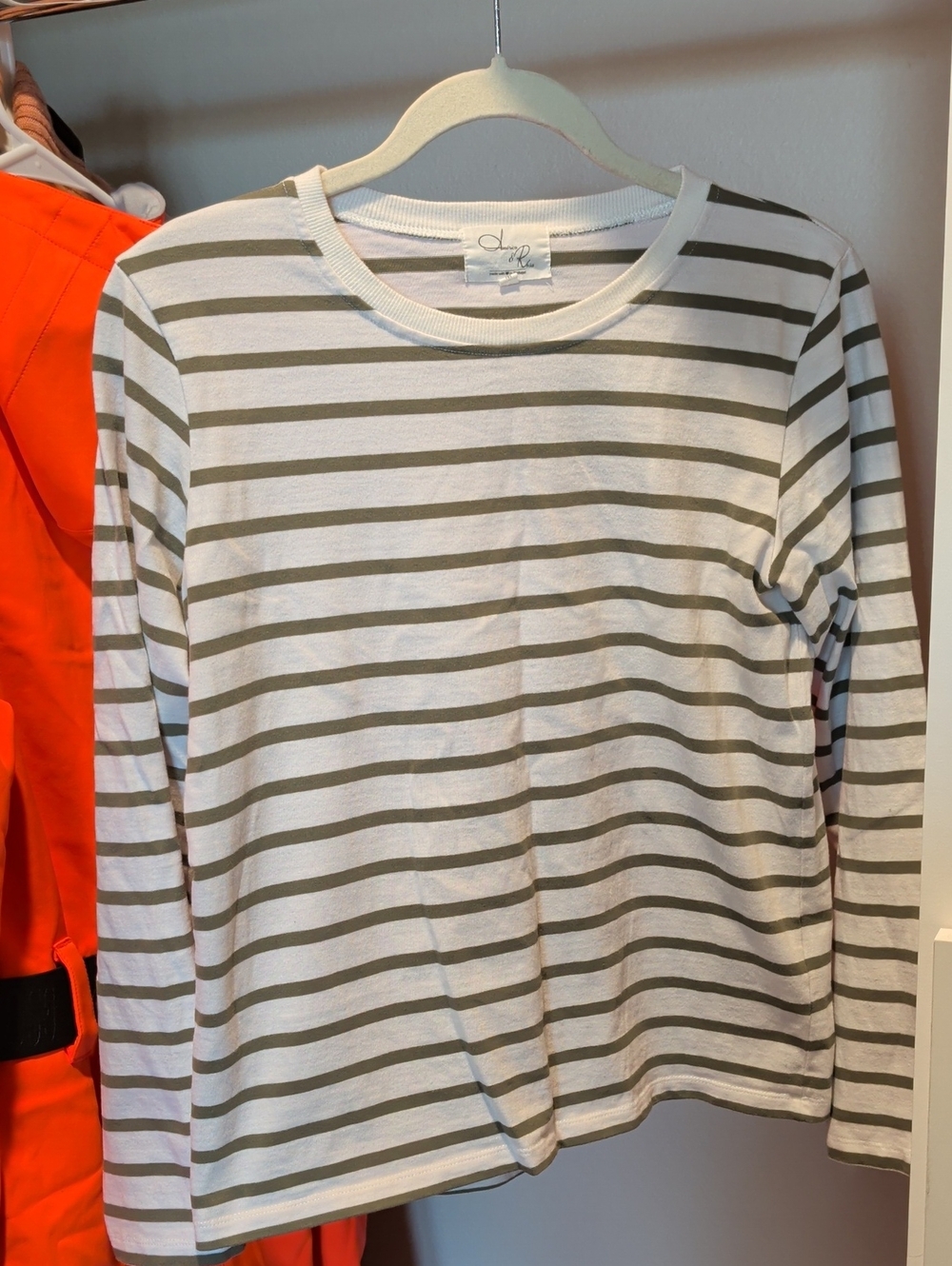Women's Classic Crew Striped Long-Sleeve Tee in Olive&White - 100% Cotton SİZE M